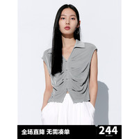 太平鸟设计感抽褶T恤2024夏季翻领针织衫简约小众短袖上衣女 灰色(第一批) M