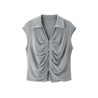 太平鸟设计感抽褶T恤2024夏季翻领针织衫简约小众短袖上衣女 灰色(第一批) M