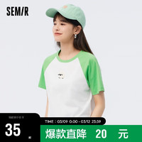 森马（Semir）短袖T恤女短款显高撞色插肩袖刺绣套头衫可爱109323100039 绿白色调00341 M