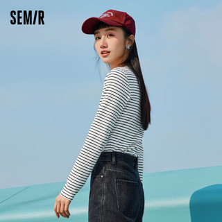 森马（Semir）长袖T恤女短款绣花修身打底衫百搭春正肩圆领针织衫101123101005 白黑色调00319 L