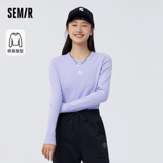 森马（Semir）长袖T恤女短款绣花修身打底衫百搭春正肩圆领针织衫101123101005 紫罗兰70314 M