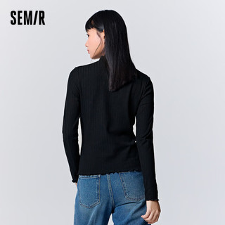 森马（Semir）长袖T恤女木耳边半高领紧身肌理抓绒针织衫109723101001 黑色90001