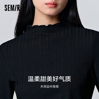 森马（Semir）长袖T恤女木耳边半高领紧身肌理抓绒针织衫109723101001 黑色90001 XL