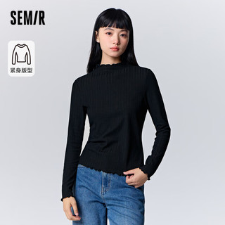 森马（Semir）长袖T恤女木耳边半高领紧身肌理抓绒针织衫109723101001 黑色90001 XL