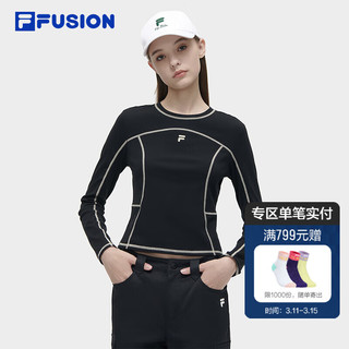 FILA FUSION斐乐潮牌女子针织长袖衫2024春时尚简约修身长T恤 正黑色-BK 160/80A/S