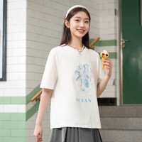 三福 短T恤2024夏季手绘海星图案宽松圆领纯棉上衣女装482141
