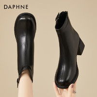 DAPHNE 达芙妮 高跟短靴女法式加绒瘦瘦靴厚底粗跟皮靴女靴4623607059 黑色 35