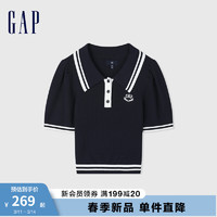 Gap女装春季2024LOGO撞色条纹泡泡袖翻领针织衫短上衣891736 海军蓝 175/92A(XL)亚洲尺码