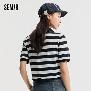 森马（Semir）POLO衫女短款绑带绣花条纹衫复古盐系夏季收腰套头衫休闲潮酷 白黑色调00319 165/88A/L