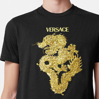 范思哲（VERSACE）男士黑色棉质金龙刺绣带亮片休闲T恤 M