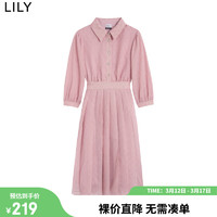 LILY 秋新款女装优雅别致复古梦幻少女感百褶高腰泡泡袖连衣裙 122粉红 M