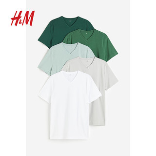 H&M男装T恤5件装夏季基础款打底衫修身V领短袖上衣0945059 白色 165/84A