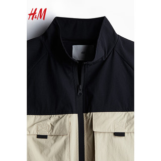 H&M2024春季男装宽松版型尼龙外套1214777 卡其绿/米色 175/100A