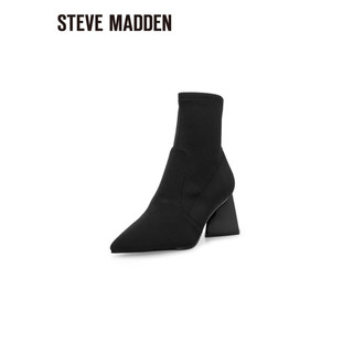 史蒂夫·马登 STEVE MADDEN/思美登秋冬尖头粗跟绒面弹力短筒靴女 ENLIST 黑色 38