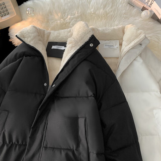 QGF加绒加厚棉衣棉服女冬季保暖美式立领外套高级感宽松百搭棉袄 黑色 XL