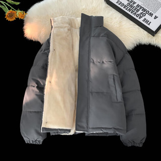 QGF加绒加厚棉衣棉服女冬季保暖美式立领外套高级感宽松百搭棉袄 米白色 XL