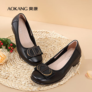 奥康（Aokang）女鞋 牛皮皮鞋坡跟软底中老年舒适平底单鞋37 黑色