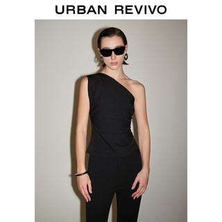 URBAN REVIVO 女士摩登气质不对称斜肩领罩衫衬衫 UWG240060 正黑 M