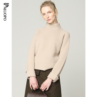 帕罗（PALUOPO）纯羊绒衫女款半高领加厚绞花前短后长保暖100%山羊绒毛衣ET20097R 浅米 95/S