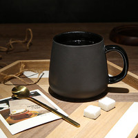 WUNI 无泥 欧式黑色磨砂咖啡杯陶瓷哑光马克杯子带勺家用大容量居家喝水杯 黑银-天籁杯 配勺