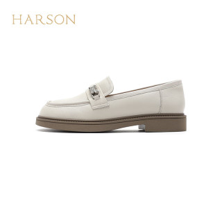 哈森乐福鞋女2024春季真皮时尚百搭通勤女粗跟软底单鞋hws240216 米色