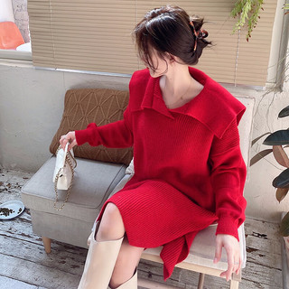 婧麒（JOYNCLEON）装冬款新年气质针织连衣裙宽松显瘦法式毛衣裙中长款红色裙子 红色 M