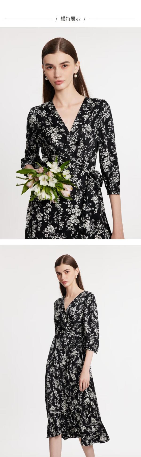 歌莉娅 山茶花印花碎花法式气质茶歇连衣裙 1c3r4k130 83d黑底米白