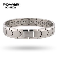 power ionics 新品原钛锗银黑玫瑰金男女手链能量手环情侣防水手饰送家人朋友礼品刻字礼物专柜 男士-银色