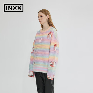 英克斯（inxx）ALLPICK 圆领套头渐变彩色条纹毛衣同款镂空贴布绣针织衫 粉色-1 L