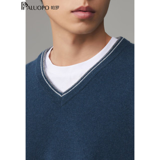 帕罗（PALUOPO）100%山羊绒衫厚套头V领撞色针织宽松通勤商务针织衫男 迷雾蓝 L