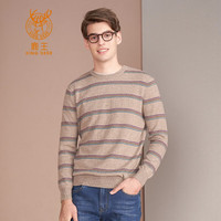 鹿王（KING DEER）【全羊绒】纯羊绒衫男圆领提花条纹透气保暖套头衫 101911728 驼色Q9200D-WP 185/100A/120(XXL)