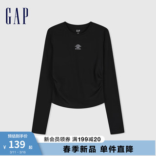 Gap女装2024春季logo抽褶显瘦短款圆领长袖T恤女友T889914 黑色 175/92A(XL)亚洲尺码