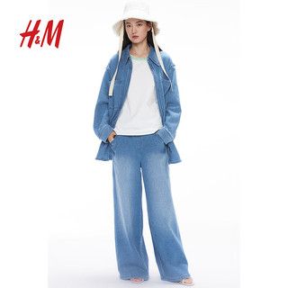 H&M女装2024春季女士简约复古全拉链衬衫式牛仔外套1232185 牛仔蓝 170/104A