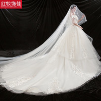 红妆饰佳 一字肩婚纱礼服2024仪式纱 新娘小个子出门纱拖尾主婚纱 6149浅香槟拖地款 M码