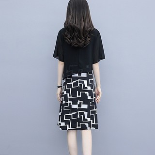 莎妮朵罗显瘦款连衣裙夏雪纺裙新款韩版黑遮肚裙子假两件连衣裙15043 