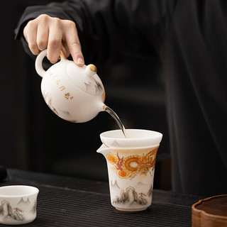 苏氏陶瓷（SUSHI CERAMICS）素烧羊脂玉瓷龙行大运茶壶茶具套装 国家一级技师王文克老师作品