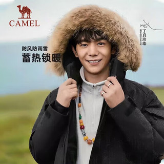 骆驼（CAMEL）户外派克羽绒服冬保暖加厚工装风毛领款羽绒衣加厚外套 AA12264035A，幻影黑，男 XL