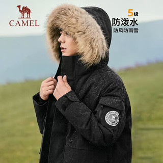 骆驼（CAMEL）户外派克羽绒服冬保暖加厚工装风毛领款羽绒衣加厚外套 AA12264035B，幻影黑，男女同款 S