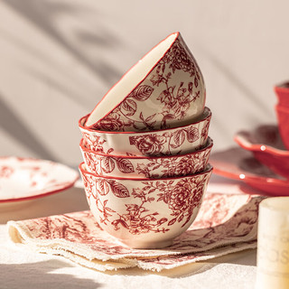 摩登主妇玫瑰假日浮雕陶瓷米饭碗新年红色结婚餐具礼盒 【6个装】花卉碗*3+浮雕碗*3