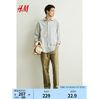 H&M2024春季男装长袖上衣时尚休闲版型亚麻混纺衬衫1160688 卡其绿/条纹 180/124A XXL