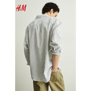 H&M2024春季男装长袖上衣时尚休闲版型亚麻混纺衬衫1160688 卡其绿/条纹 180/124A XXL