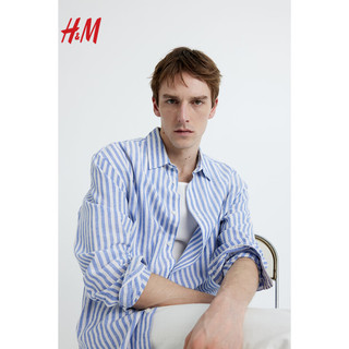 H&M2024春季男装长袖上衣时尚休闲版型亚麻混纺衬衫1160688 卡其绿/条纹 180/124A XXL