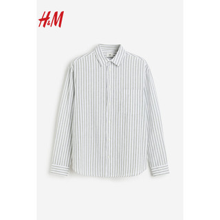 H&M2024春季男装长袖上衣时尚休闲版型亚麻混纺衬衫1160688 卡其绿/条纹 180/124A XXL