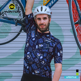 monton脉腾骑行服 夏季男士短袖深蓝凉感舒适公路自行车服涂鸦 欧耶 欧耶黑蓝短上衣 XL