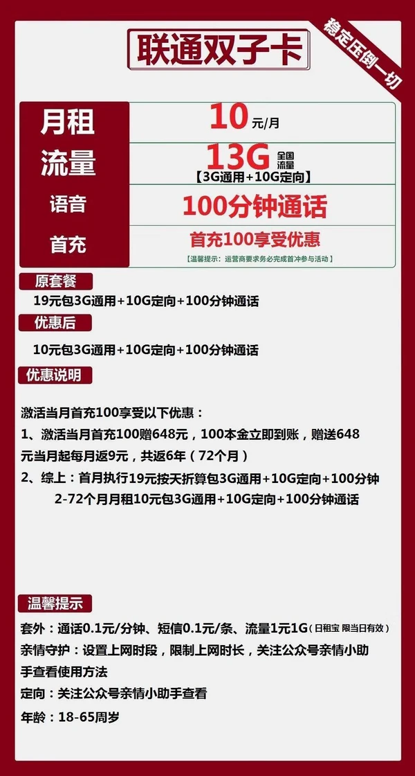 China unicom 中国联通 双子卡 6年10元月租 （13G全国流量+100分钟通话+返10元红包）赠粑粑柑五斤