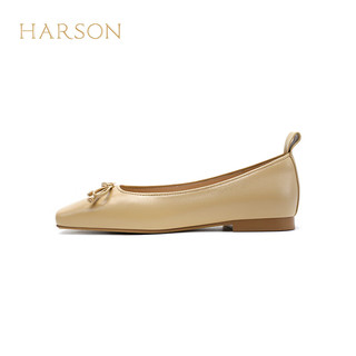 哈森羊皮女鞋2024年春季粗跟浅口时尚女单鞋舒适百搭芭蕾鞋 杏色 35