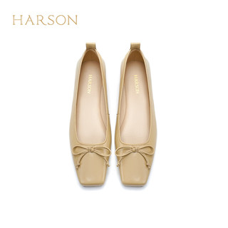 哈森羊皮女鞋2024年春季粗跟浅口时尚女单鞋舒适百搭芭蕾鞋 杏色 35