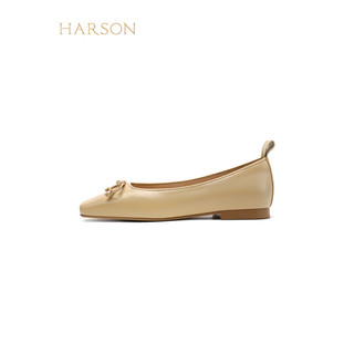 哈森羊皮女鞋2024年春季粗跟浅口时尚女单鞋舒适百搭芭蕾鞋 杏色 39