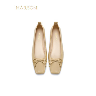 哈森羊皮女鞋2024年春季粗跟浅口时尚女单鞋舒适百搭芭蕾鞋 杏色 39