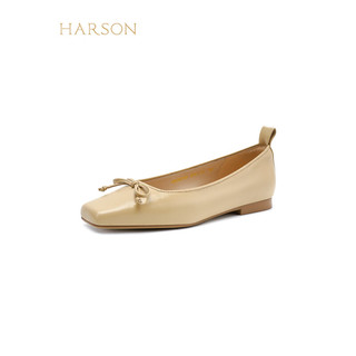 HARSON 哈森 羊皮女鞋2024年春季粗跟浅口时尚女单鞋舒适百搭芭蕾鞋 杏色 37